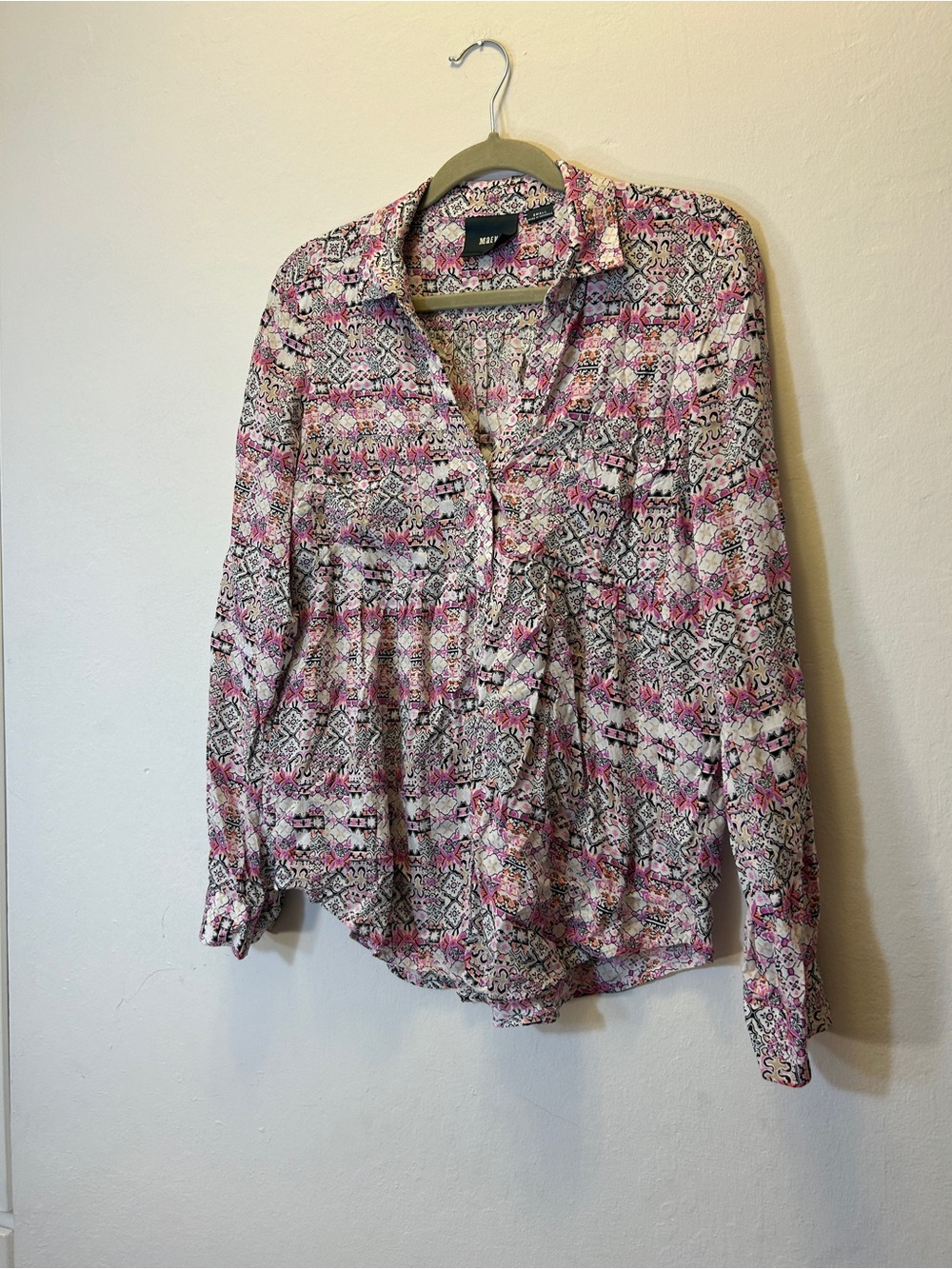 Anthropologie Maeve Pink Geometric Print Button Down Blouse Size S Collared Top